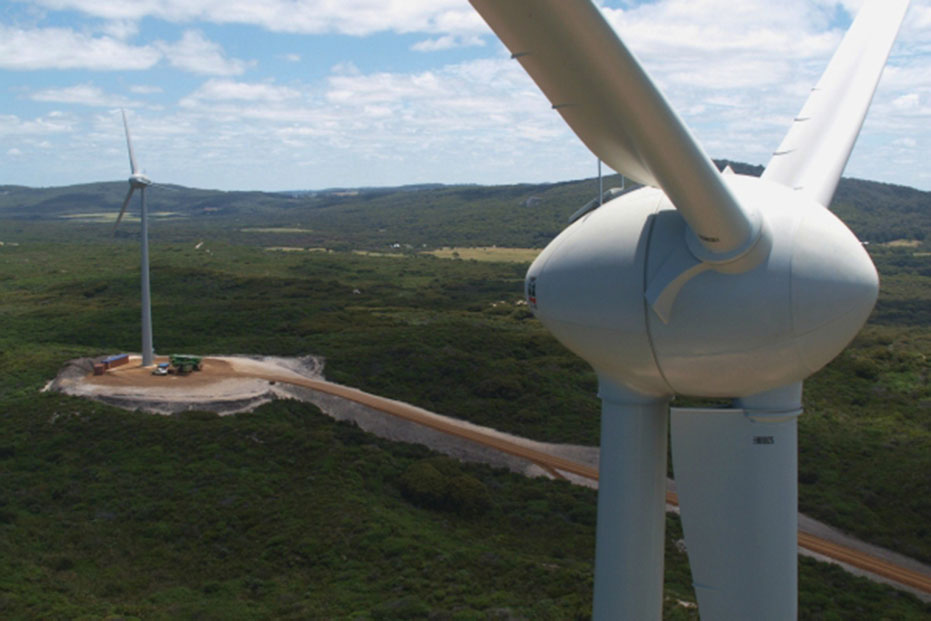 An elevated view of the two turbines, taken during late construction.