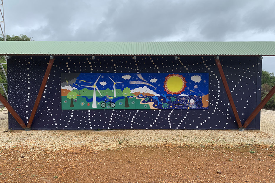 A photo of The 6m-long mural by peripatetic American artist Jeff Wefferson, celebrating energy, was commissioned for the windfarm’s tenth anniversary in 2023.